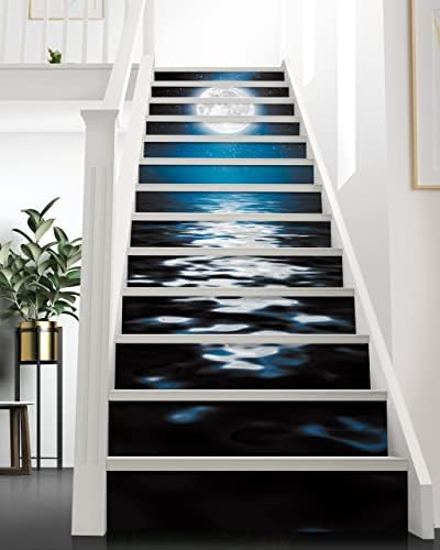 Stair Decals - FLFK Stair Stickers Decals Peel and Stick,Bright Moon on The Sea Stair Risers Decals Self-Adhesive for Home Decor, 39.3" W x 7" H x 13Pcs