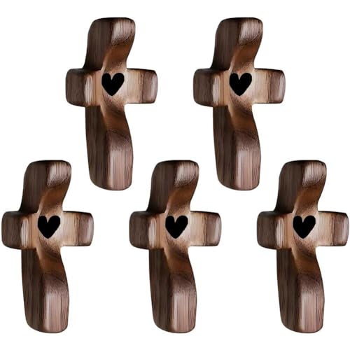 Muteitt Cross My Heart Regalo De Aliento, 5 Piezas Cruz De Madera con Punta De Dedo Regalos para Aliviar Estrés Bolsillo Pequeña Cruz Cruz De Madera De Mano