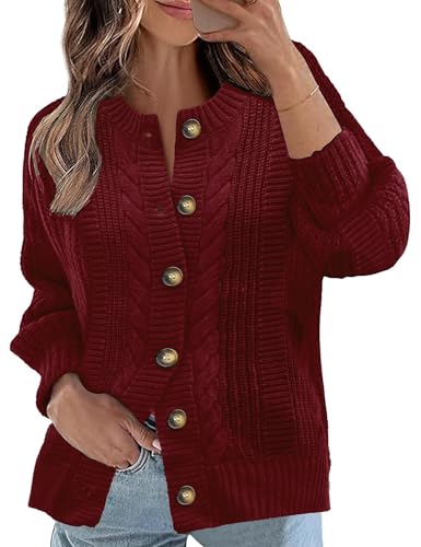 Rapbin Women's Cable Knit Cardigan Long Sleeve Open Front Button Up Knitwear Sweater Coat (Wine Red XL)
