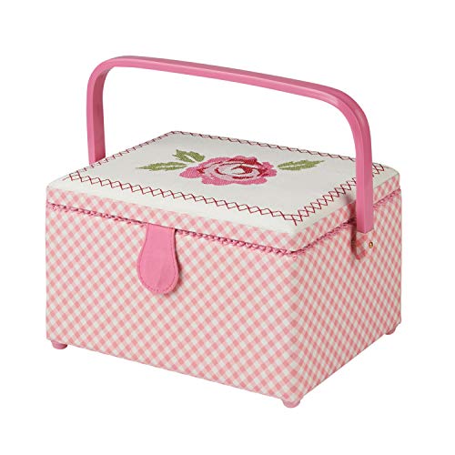 Sewing Online Medium Sewing Box,Pink Fabric with an Embroidered Floral Lid | 26 x 18 x 15cm | Storage & Organiser Basket with Compartments for Sewing Supplies/Accessories - GA1114M