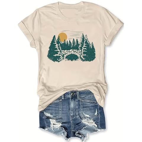 Hiking Camping Outdoor T-Shirt for Women and Men Graphic Print Shirts Short Sleeve Casual Round Neck Tops Tee(Sand,XL) Cover