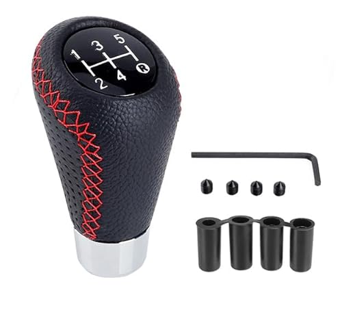 Juttzzei Schaltknauf 5 Gang Auto Schalthebel Universal Schaltknüppel Leder, Schaltknauf Tuning Manueller mit 4 Adaptern 8mm 10mm 11mm 12mm für Manueller Autos mit 5 Gang Schaltgetriebe - Rot Nähte