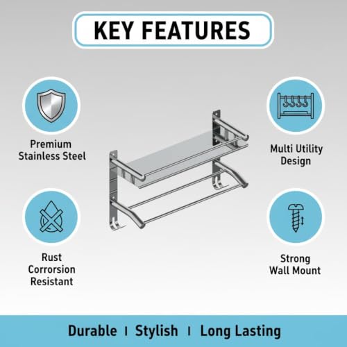 Image of Filox Premium Stainless Steel 1 Tier Bathroom Shelf Organizer | Wall Mount Bathroom Rack with Dual Towel Bar & Integrated Hooks | Multipurpose Kitchen Storage Stand & Towel Holder