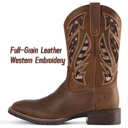Image of SUREWAY Western Boots For Men - Mens Square Toe Cowboy Boot, Oil /Slip Resistant, Durable Fashionable Classic Pull on 10 Inch Mid-Calf Wellington Boots