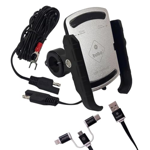 Image of BOBO BM1 PRO Jaw-Grip Waterproof Bike /Motorcycle /Scooter Mobile Phone Holder Mount with Fast USB 3.0 Charger, SAE Connector & Small USB Cable, Ideal for Maps and GPS Navigation (Silver)