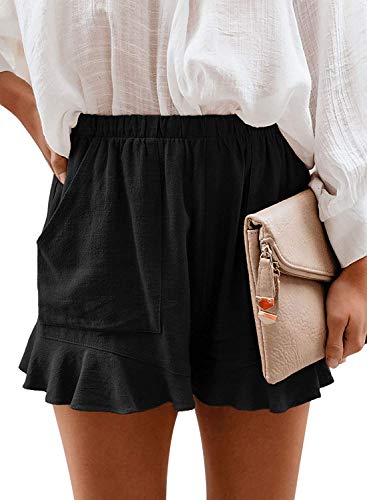 Mosucoirl Women Comfy Drawstring Casual Elastic Waist Pure Color Shorts Summer Beach Lightweight Short Pants With Pockets(2 Black,X-Large) #TOP11