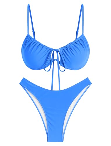 Image of ZAFUL Women High Cut Bikini Sets String Sexy Swimsuit Two Piece Underwire Bathing Suit Brazilian Cheeky Cut Out Cute Swimwear