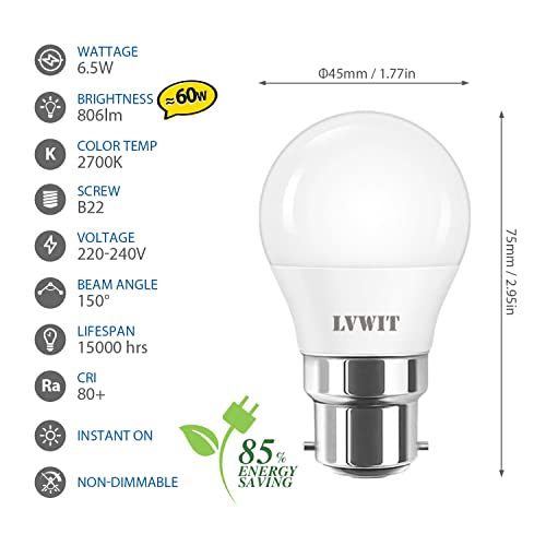LVWIT 6.5W B22 Golfball LED Light Bulbs, Golf Ball Led Bulbs Bayonet 60W Equivalent, 806Lm,2700K Warm White Small B22 Golf Ball Bayonet Bulb Energy Saving,220-240V,Non-Dimmable,(Pack of 6)