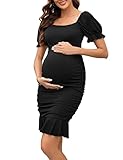 BeautyNee Women's Maternity Short Puff Sleeve Dress Maternity Bodycon Dress Mama Baby Shower Pregnancy Dress Black M