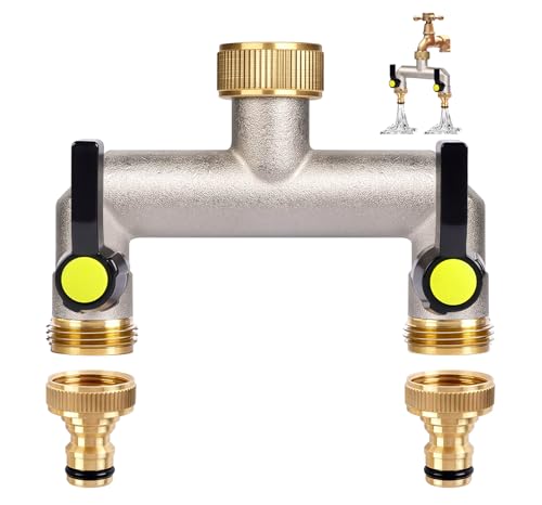 ilauke 2-Wege Wasserhahn Wasserverteiler, Verlängerter Griff, Verteiler Wasser 3/4 Zoll Messing Wasseranschluss Verteiler mit mit 2 Stück 3/4 Zoll auf 1/2 Zoll Hahnanschluss für Haus,Hof/Waschmaschine