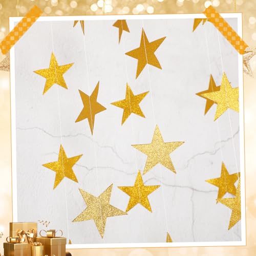 Image of Spakon 65 Feet Glitter Star Paper Garland Banner Hanging Decoration Star Streamers Double Side 2026 Graduation Decorations for Wedding Birthday Festival New Year Party Decoration(Glitter Gold)