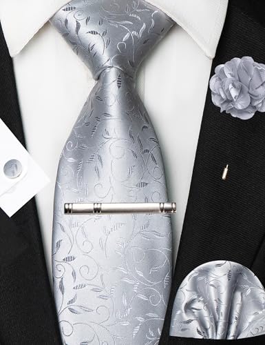 Image of JEMYGINS Mens Tie and Pocket Square,Lapel Pin,Cufflinks,Tie Clip Sets with Gift Box 5PCS