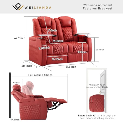 Image of Weilianda Home Theater Seating, Top Grain Leather Movie Theater Chair | Red Row of 2 Loveseat, Zero Gravity, Power Headrest, Tray Table, Electric Reclining Seat for Media Room