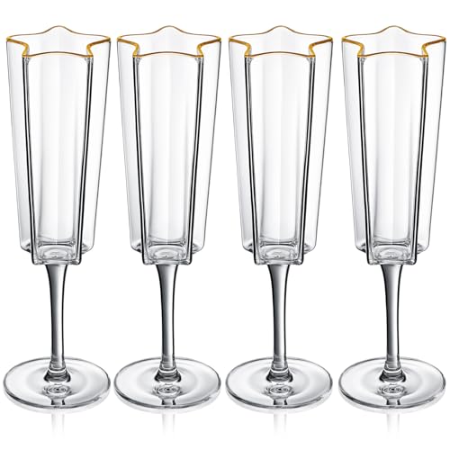 Ferrochef 4 Pcs Star Shaped Champagne Flutes Glasses Gift Set 8 Inch Transparent Cocktail Glasses with Gold Rim for Christmas Parties New Year Party Weddings Anniversary Celebrations