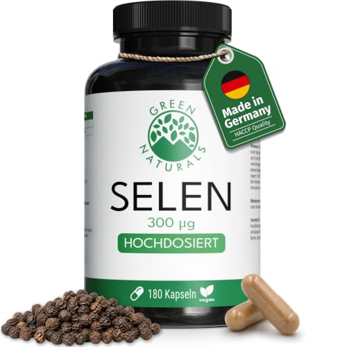 Green Naturals Selen - Hochdosiert: 300g je Kapsel aus schwarzem Senfextrakt - 100% Vegan & Ohne Zusätze - 6 Monate Vorrat (180 Kapsel)