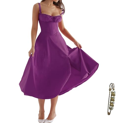 Image of Floral Corset Midi Dress Square Neck A Line Dress with Slit | Square neck floral midi dress with front tie bust wide straps A-line skirt side slit and lightweight fabric