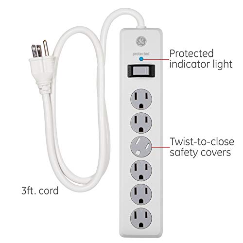Ge 6-Outlet Surge Protector, 3 Ft Extension Cord, Power Strip, 800 Joules, Heavy Duty Plug, Twist-To-Close Safety Covers, Protected Indicator Light, Ul Listed, White, 14010 #TOP1