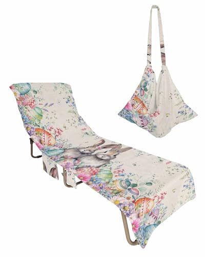 Spring Easter Beach Lounge Chair Towel Cover, Soft Chaise Lounge Towel with Side Pockets Patio Pool Chairs Cover for Beach/Pool Sunbathing 29x85 Rustic Bunny Eggs Eucalyptus Leaves Botanical