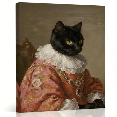 8x10 Inches Animal Portrait Oil Painting Black Cat in Renaissance