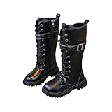 Girls Combat Boots:Fashion Lace Out Side Zipper Outdoor Booties 2025 Long Leather Shoes Hiking Party Dress Footwear（Size11,Black
