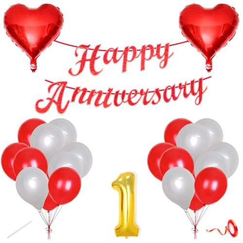 Image of Flyloons 1st Happy Anniversary Decoration Items Red White for Men Women Husband Wife Mom Dad Parent Couple Home Bedroom Car With 20 Pcs Metallic Balloons Anniversary Banner 2 Pcs Heart Set Kit