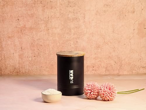 Image of JISCOVERY Airtight Tea, Coffee & Sugar Container Set of 3| Metal Storage Canister with Wooden Lid for Kitchen| Storage Box for Kitchen Counter Top| 1300 ML| Black