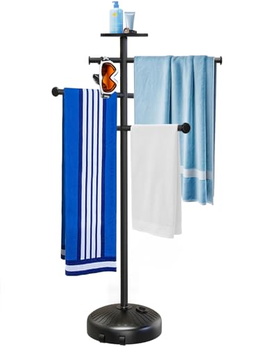 Pool Towel Rack with Wheels for Indoor Outdoor Use, 63 Inch Towel Holder with Storage Tray, 6 Adjustable Bars Hot Tub Accessories, Free Standing Towel Rack for Pool, Spa, Hot Tub