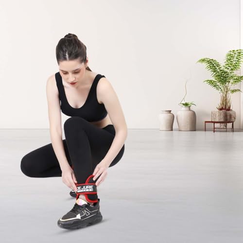 Image of DE JURE FITNESS Adjustable Ankle Weights Set 2KG (1Kg x 2) � Grey | Cardio, Running, Weight Training & Home Gym | Spandex + Cast Iron | Comfortable Fit with Velcro Strap | Unisex Fitness Gear - Red