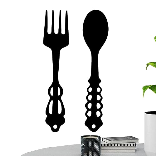 HUNYA Decorazione da Parete Nera con forchetta e Cucchiaio | Insegna Decorativa a Forma di forchetta e Cucchiaio in Ferro battuto da 2 Pezzi | Forchetta e Cucchiaio Decorativi per Hotel, Sala