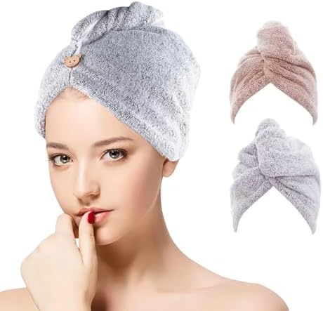 Turbante Asciugacapelli In Microfibra - 3 Pezzi Con Bottone, Asciugamano Per Capelli Rapido Per Donna E Bambino - Foto 7