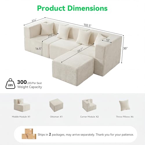 Image of MONVANE 103'' Oversized Boneless Sectional Couches for Living Room, 4-Seat L Shaped Cloud Couch, Modular Sofa with Ottoman & 4 Throw Pillows, Comfy Chenille, No Assembly Required, Beige