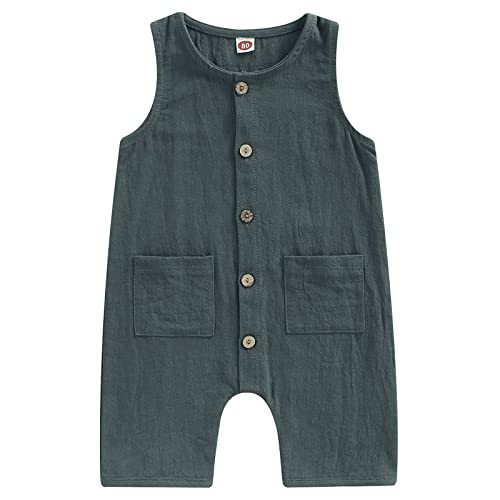 Image of Mubineo Infant Baby Boy Girl Summer Linen Sleeveless Button Down Romper Jumpsuit (Green, 0-6 Months)