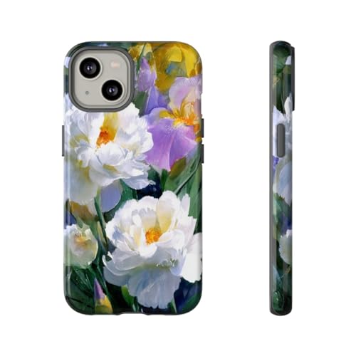 Coque iPhone 14 fleurie rigide brillante grande pivoine