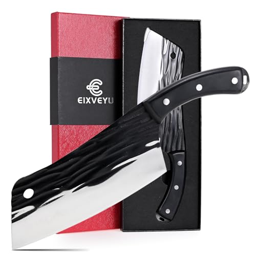 SHI BA ZI ZUO Meat Knife Cleaver Knife Forged Butcher Knife Kitchen Knife for Meat Cutting with Anti-Slip Wooden Handle Black&Silver-X06