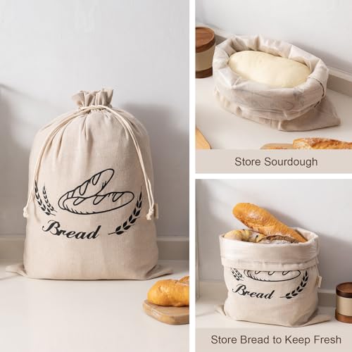 Image of 2 Pack Linen Bread Bags for Homemade Bread - Plastic Lined - Reusable Linen Sourdough Bread Storage Bags with Plastic Liner - 17 inch x 13 inch