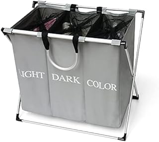 Cosaving Laundry Basket 3 Compartments Laundry Hamper Large Foldable Laundry Sorter Washing Basket for Bedrooms with Carry Handle and Aluminum Frame for Clothes Storage, Grey