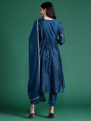 Image of INDO ERA Women's Chanderi Silk Embroidered A-Line Kurta Pant With Dupatta Set