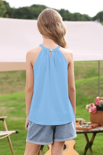 Image of BesserBay Girls Summer Back Button Halter Neck Tank Top Cold Shoulder Casual Blouse Pleated Sleeveless Shirts 5-14 Years