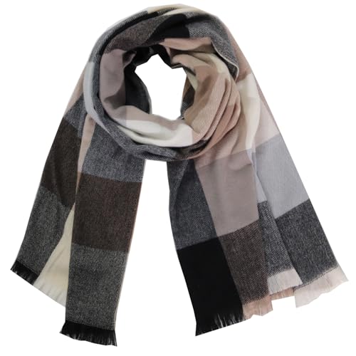 Glamexx24 Damen Winter Kariert Schal, Strickset Schal übergroßer Quadratisch Deckenschal Halstuch Streifen Muster Fransen Ponch, Schwarz-Beige-Weiss