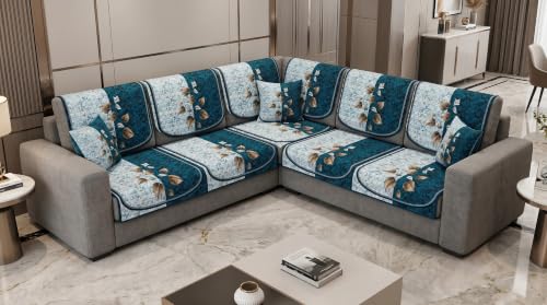 Image of KINGLY Quilted Velvet Sofa Cover Teal Blue L Shape 4+3 Anti Skid Pipe