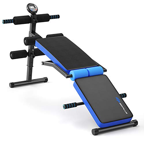 Goplus Adjustable Sit Up Bench, Foldable Utility Weight Bench w/LCD Monitor Flat/Incline/Decline Exercise Multi-Purpose Bench for Home, Gym and Office (Blue)