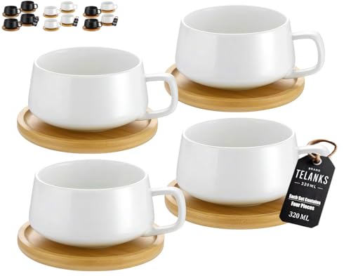4er Set Cappuccino Tassen mit Untertassen, 320 ml Kaffeebecher aus Keramik, Cappuccino Tassen Groß, für Kaffeeliebhaber, Cappuccino, Latte, Americano und Tee, Weiß
