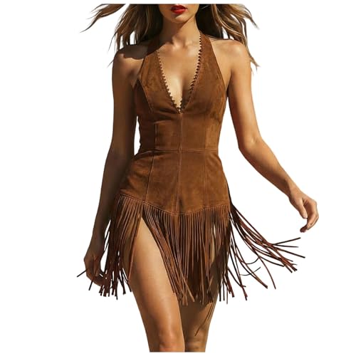 Générique Robe Femme Bohème Sexy Éte, Robe Halter en Daim Suédine à Franges, Col V Profond, Style Western Cowboy, Mini Élégante, pour Soirée, Festival...