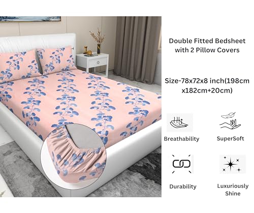Image of RD TREND Presents Elastic Bedsheets for King Size Bed (78X72X8 Inch),Glace Cotton 210 TC with 2 Pillow Covers(18 X 28 Inch), Color-Peach Blue, Pattern-Floral Leaf