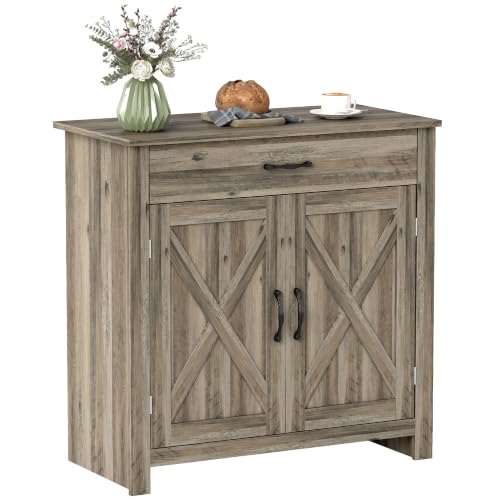 HOMCOM Farmhouse Sideboard Buffet Cabinet Barn Door Gray