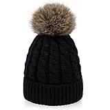 Simplicity Winter Hat Hand Knit Faux Fur Pompoms Beanie for Women Black