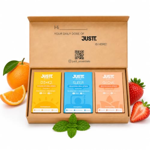 Image of JUSTT ESSENTIALS Complete Daily Wellness Trio | Sleep Melatonin | Glow Biotin | D3+K2 | Fast Dissolving Oral Films | Zero Sugar | Travel Friendly | Pack of 3 x 30 Strips each