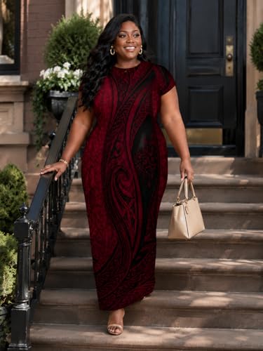 Image of Plus Size Maxi Dress for Women Short Sleeve V Neck Casual Loose Sundress with Pockets