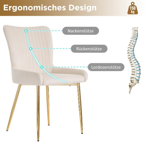 vutizal Chaise Salle à Manger, Chaises Salle Manger Lot de 6, Chaise Beige en Samt, Pieds Métalliques Dorés, Confort Lounge avec Support Lombaire, Solide 150kg, Facile à Monter pour Salon Cuisine