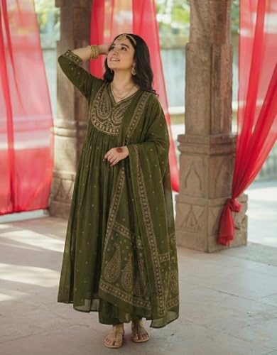 Image of GoSriKi Rust Anarkali Kurta Set for Women with Dupatta | Cotton Kurti Set for Woman | Embroidered Anarkali Suit for Women Kurti Pant Set with Dupatta | Suit Set for Women Latest